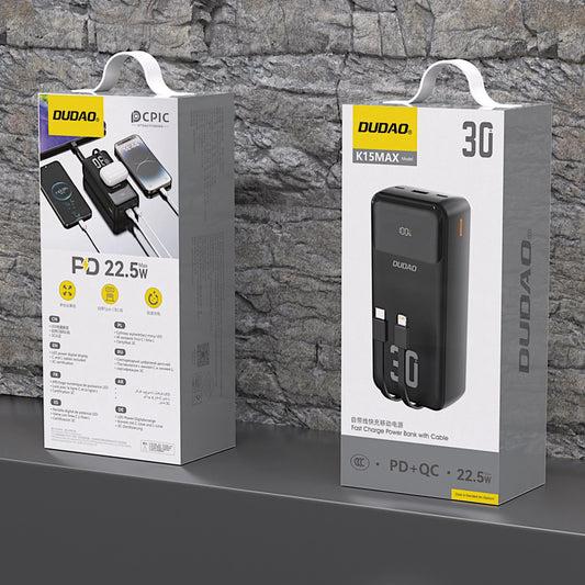 Powerbank Dudao K15MAX 30000mAh PD 22.5W z wbudowanymi kablami - czarny