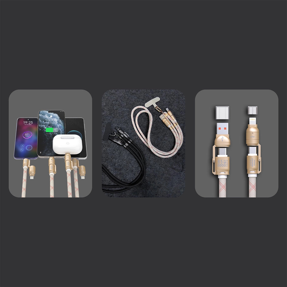 Kabel 4w1 / smycz Dudao L20MAX USB-A / USB-C / Lightning PD QC - różowy – zdjęcie 2