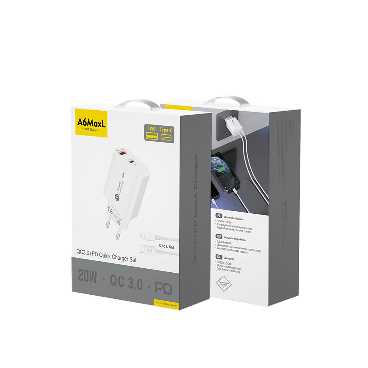 Ładowarka sieciowa A6MaxL 20W USB-A USB-C z kablem USB-C - biała – zdjęcie 3