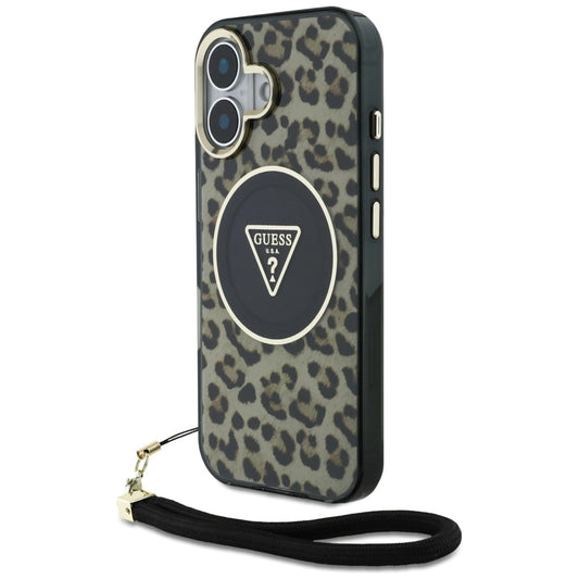 Etui Guess HC IML Leopard Triangle Cord Strap do iPhone 16 - brązowe