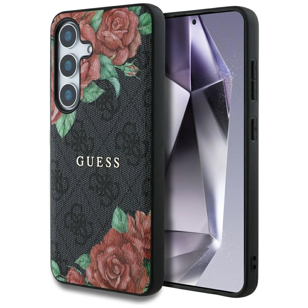 Etui Guess Leather 4G Flowers Print Metal na Samsung Galaxy S25 - czarne