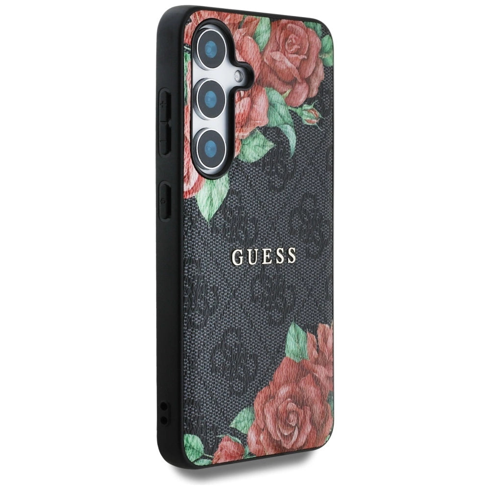Etui Guess Leather 4G Flowers Print Metal na Samsung Galaxy S25 - czarne – zdjęcie 4