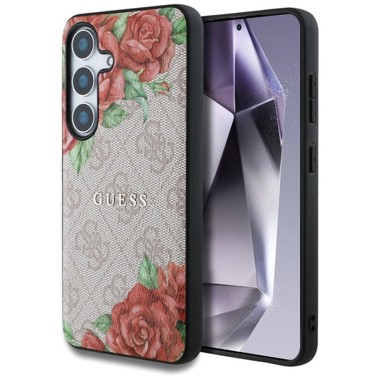 Etui Guess Leather 4G Flowers Print Metal na Samsung Galaxy S25 - różowe