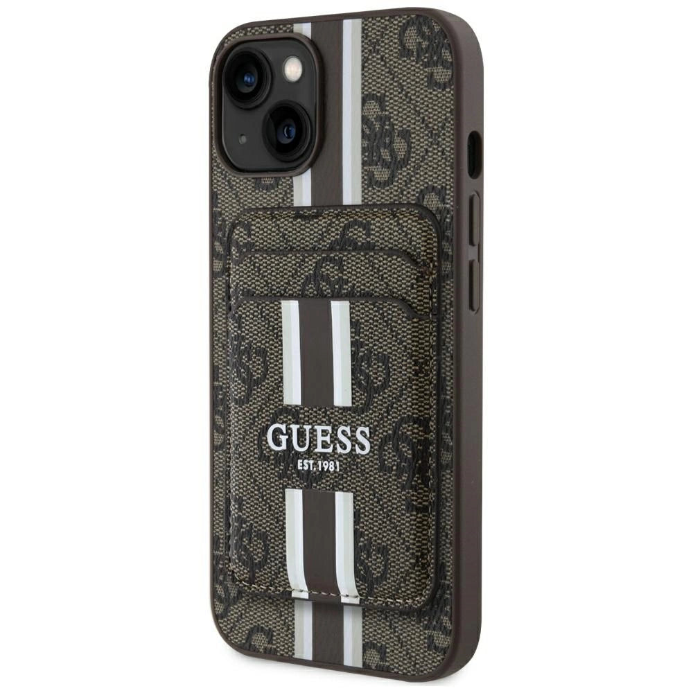 Etui Guess 4G Stripes z portfelem Magsafe do iPhone 15 brązowy