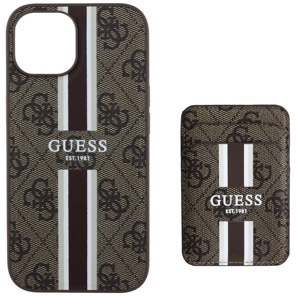 Etui Guess 4G Stripes z portfelem Magsafe do iPhone 15 brązowy – zdjęcie 4