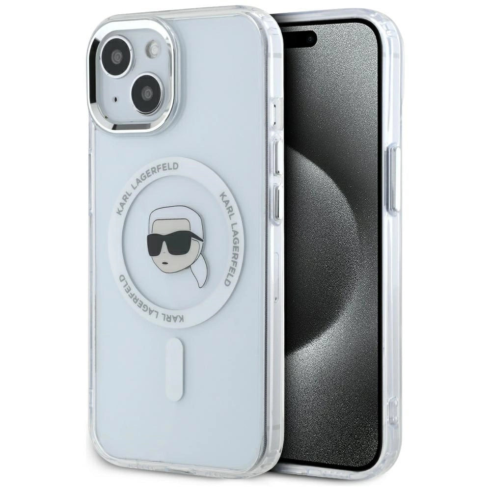 Etui Karl Lagerfeld IML Metal Karl Head MagSafe do iPhone 15 Plus biały