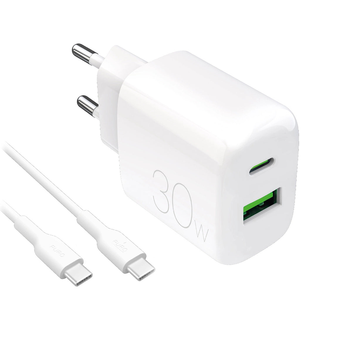 Ładowarka sieciowa Puro PROLITE 30W USB-A / USB-C + kabel USB-C - biała