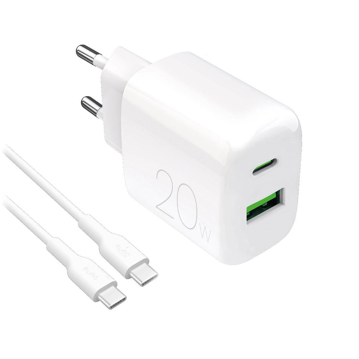 Ładowarka sieciowa Puro PROLITE 20W USB-A / USB-C + kabel USB-C - biała