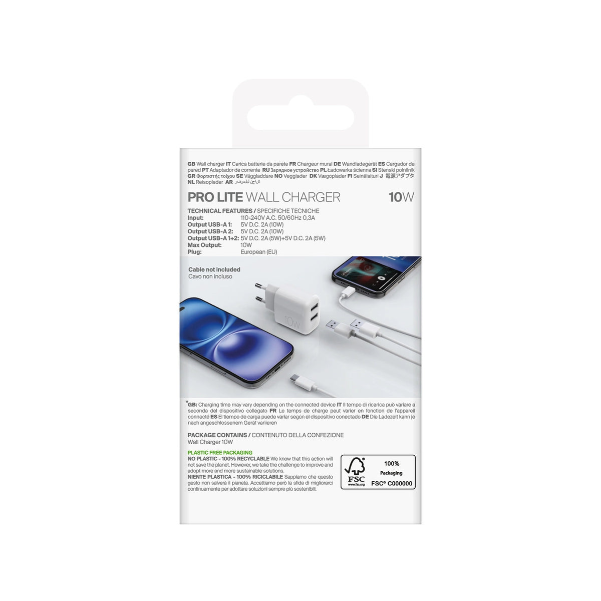 Ładowarka sieciowa Puro PROLITE 10W 2x USB-A - biała
