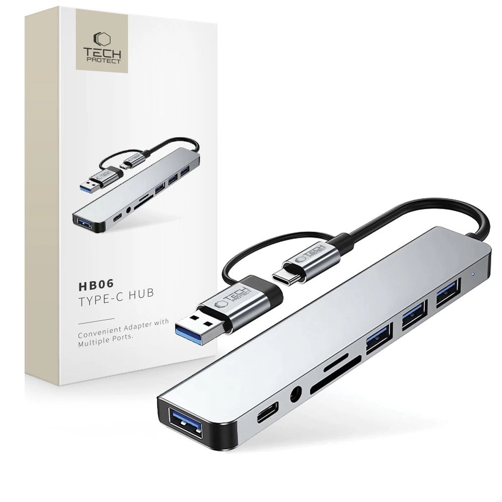 Adapter Tech-Protect HB06 HUB Adapter 8w1 TYP-C + USB2.0 + USB3.0 - szary