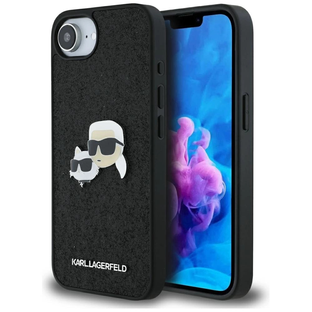 Etui Karl Lagerfeld Fixed Glitter Karl&Choupette na iPhone 16e - czarne