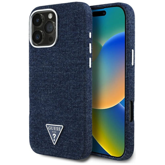 Etui Guess Denim Triangle Logo MagSafe na iPhone 16 Pro - niebieskie