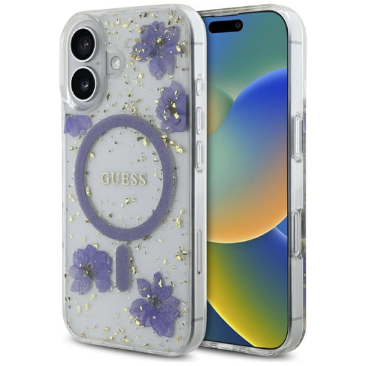 Etui Guess Resin Flowers Glitter MagSafe na iPhone 16 - fioletowe
