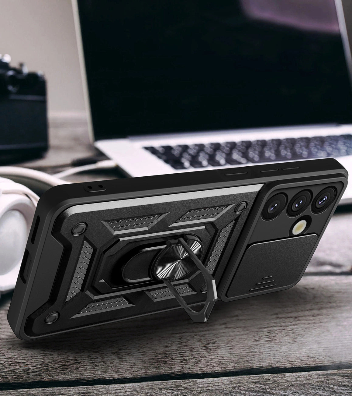 Pancerne etui Hybrid Armor Camshield z podstawką na Realme P3 5G - czarne – zdjęcie 4
