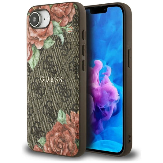 Etui Guess 4G Flowers Print MagSafe na iPhone 16e - brązowe