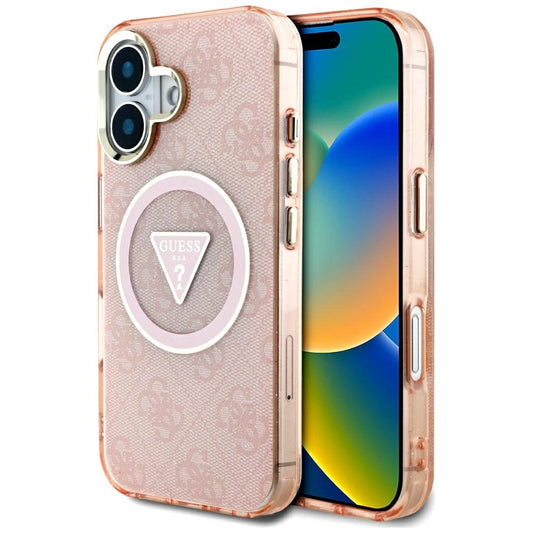Etui Guess IML Metal Glitter 4G Circle Triangle na iPhone 16 - różowe