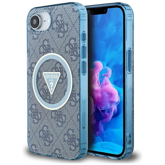 Etui Guess IML Metal Glitter 4G Circle Triangle na iPhone 16e - niebieskie