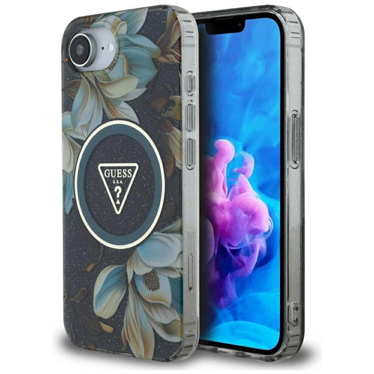 Etui Guess IML Metal Glitter Flowers Triangle na iPhone 16e - czarne