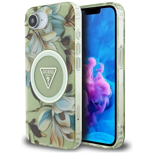 Etui Guess IML Metal Glitter Flowers Triangle na iPhone 16e - zielone