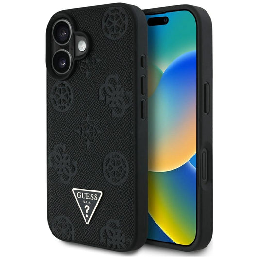 Etui Guess Grained Hot Stamp Peony Triangle Logo na iPhone 16 - czarne