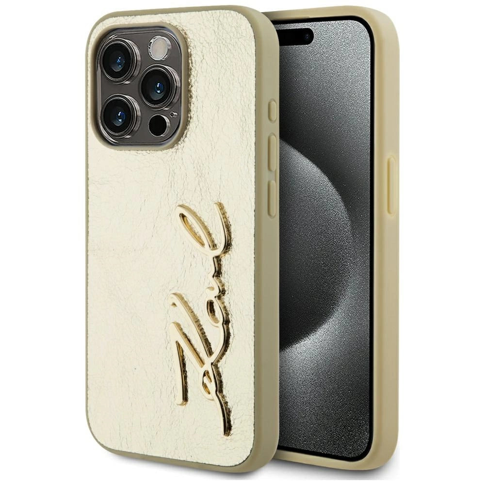 Etui Karl Lagerfeld Wrinkled Metal Signature na iPhone 15 Pro Max - złote