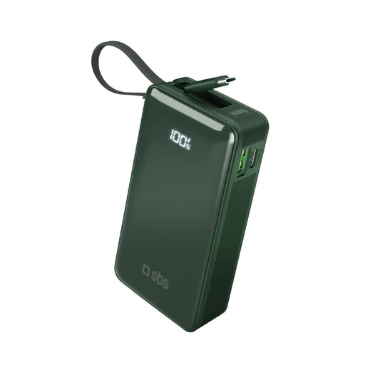 Powerbank SBS 10000 mAh 20W z wbudowanym kablem USB-C i - zielony