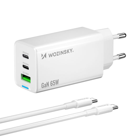 Wozinsky ładowarka GaN 65W z portami USB-A 2xUSB-C z kablem USB-C - biała