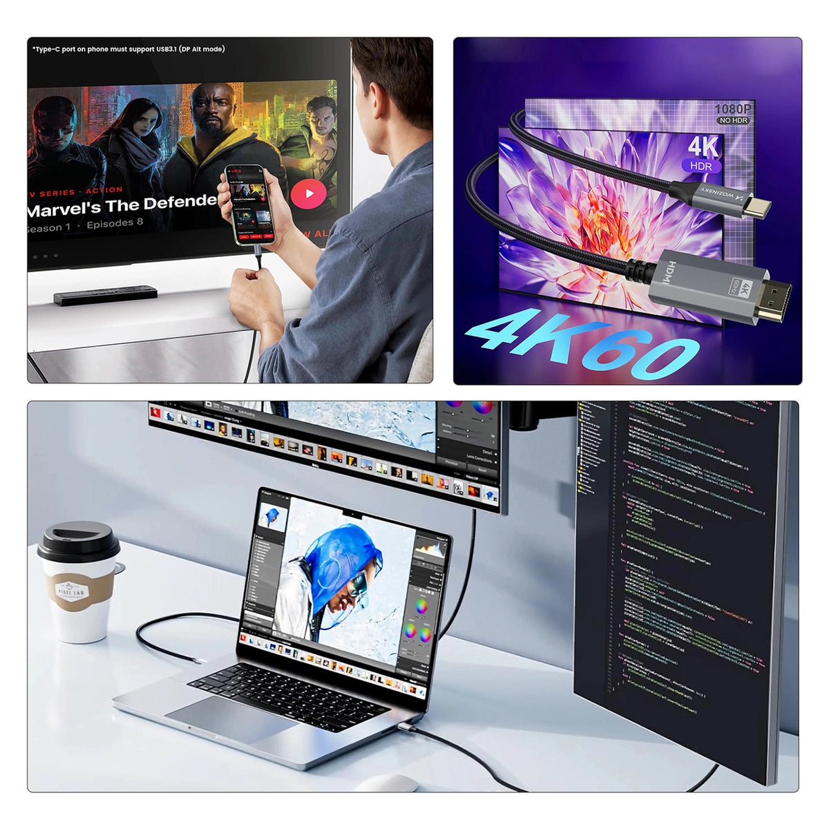 Kabel Wozinsky WCCH-01 USB-C - HDMI 4K 60Hz 1,8m - czarny – zdjęcie 3