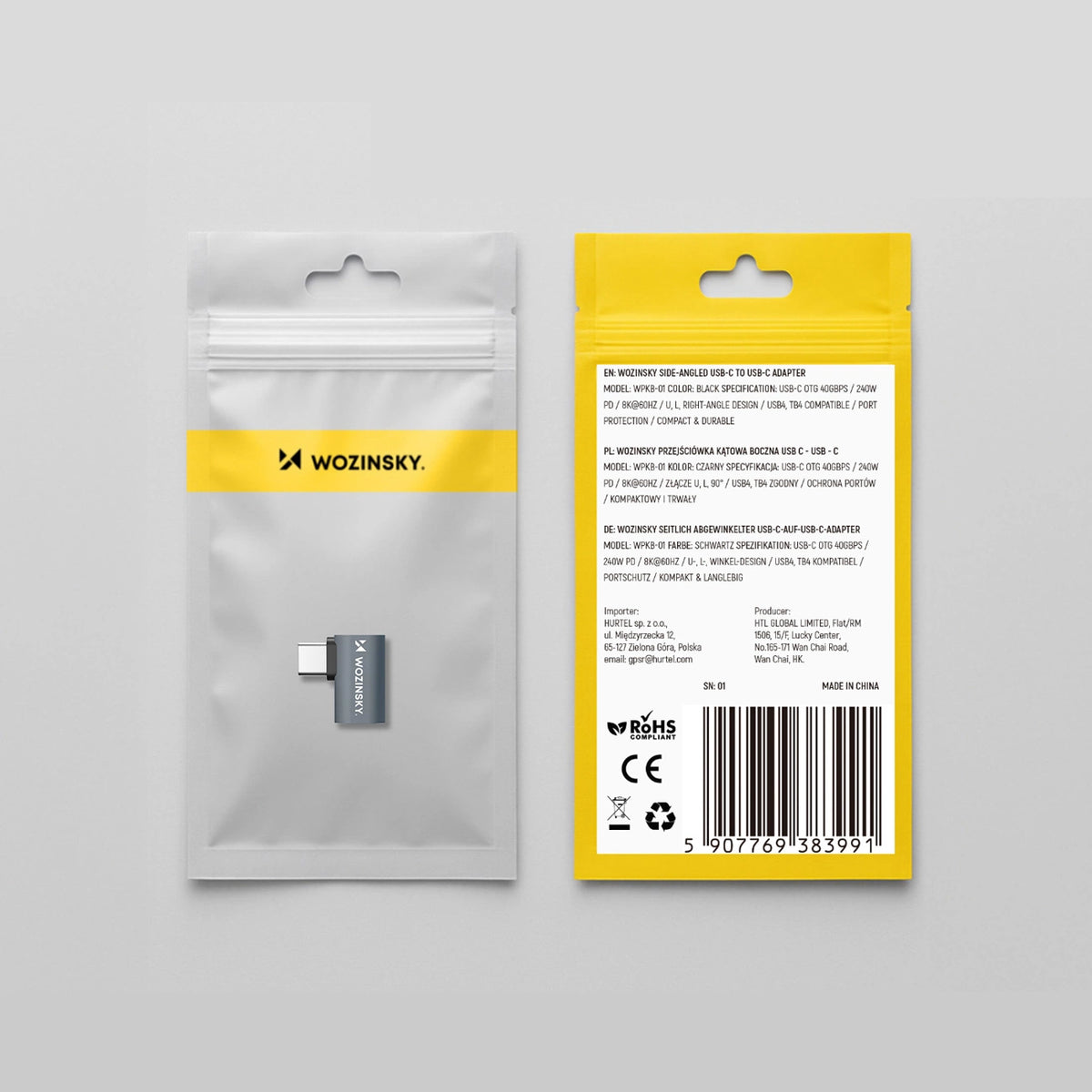 Przejściówka kątowa boczna Wozinsky WPKB-01 USB-C - USB-C 40Gb/s - szara – zdjęcie 9