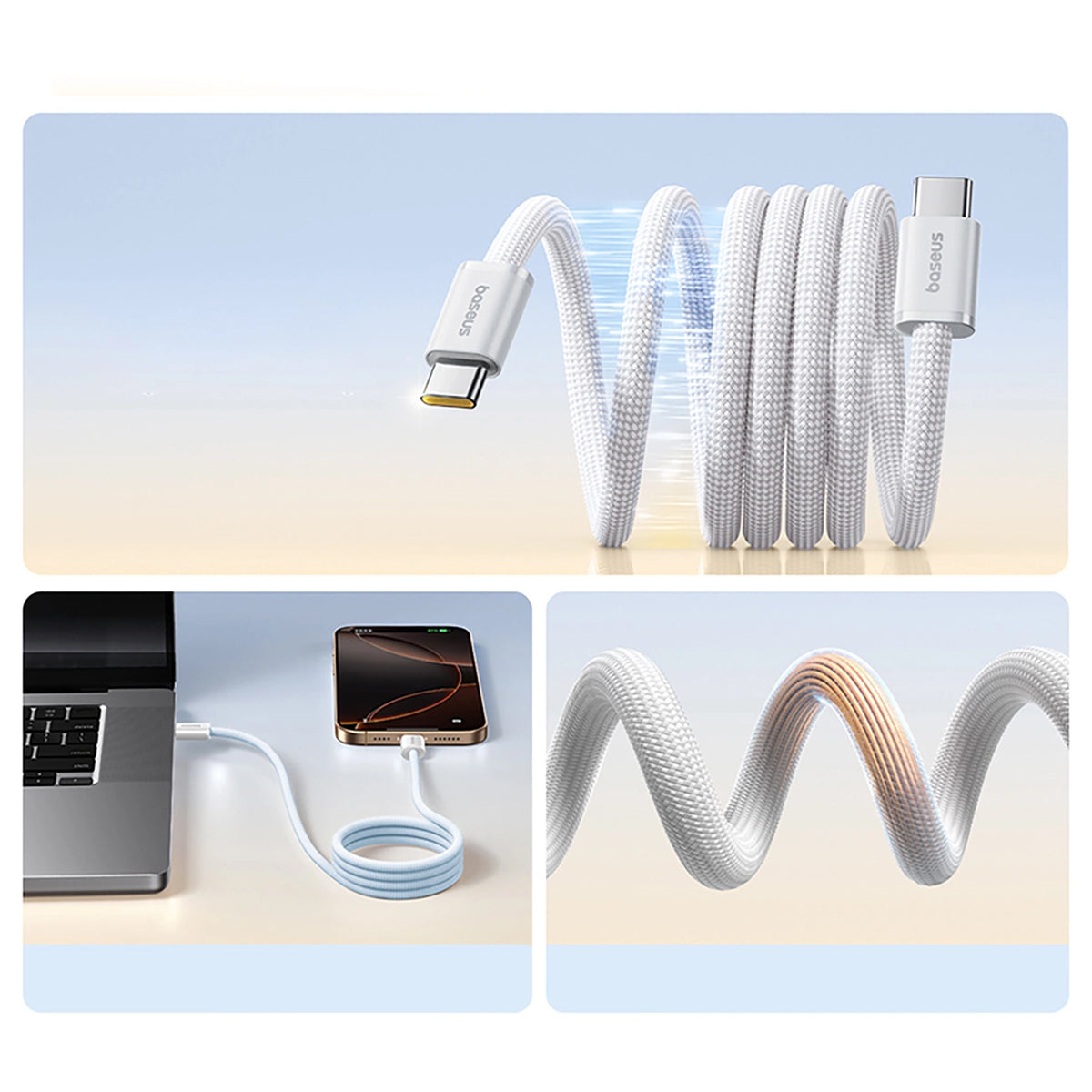 Kabel Baseus Dynamic 4 Pro 100W USB-C - USB-C magnetyczny 1m - biały – zdjęcie 4