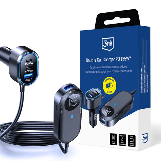 Ładowarka samochodowa 3mk Double Car Charger 135W PD QC PPS USB-C - czarna