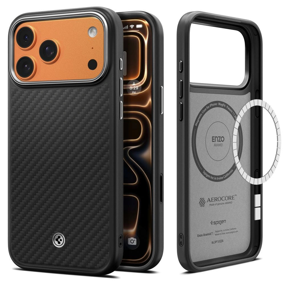Etui Spigen Enzo Aramid "T" MagSafe na iPhone 17 Pro - czarno-srebrne