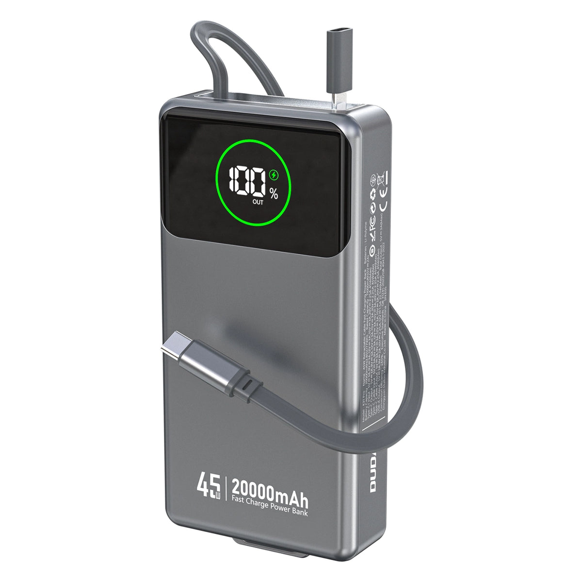 Powerbank Dudao K31 Pro 45W 20000mAh z wbudowanym zwijanym kablem - szary