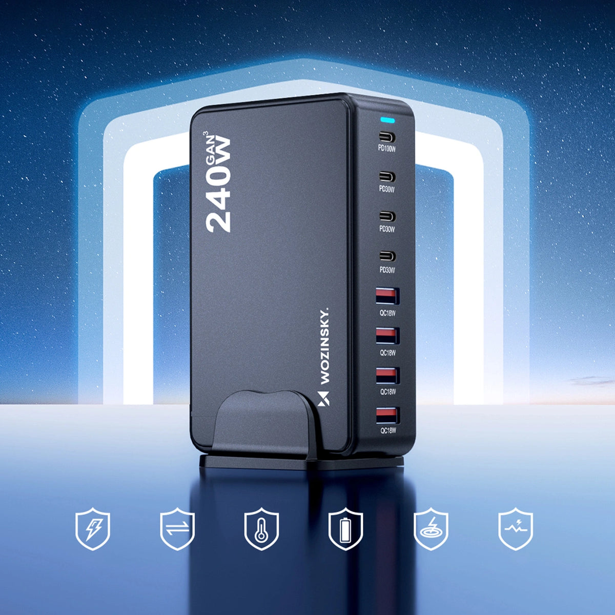 Stacja ładująca Wozinsky WSL-240 GaN QC3 - 200W - czarna – zdjęcie 8