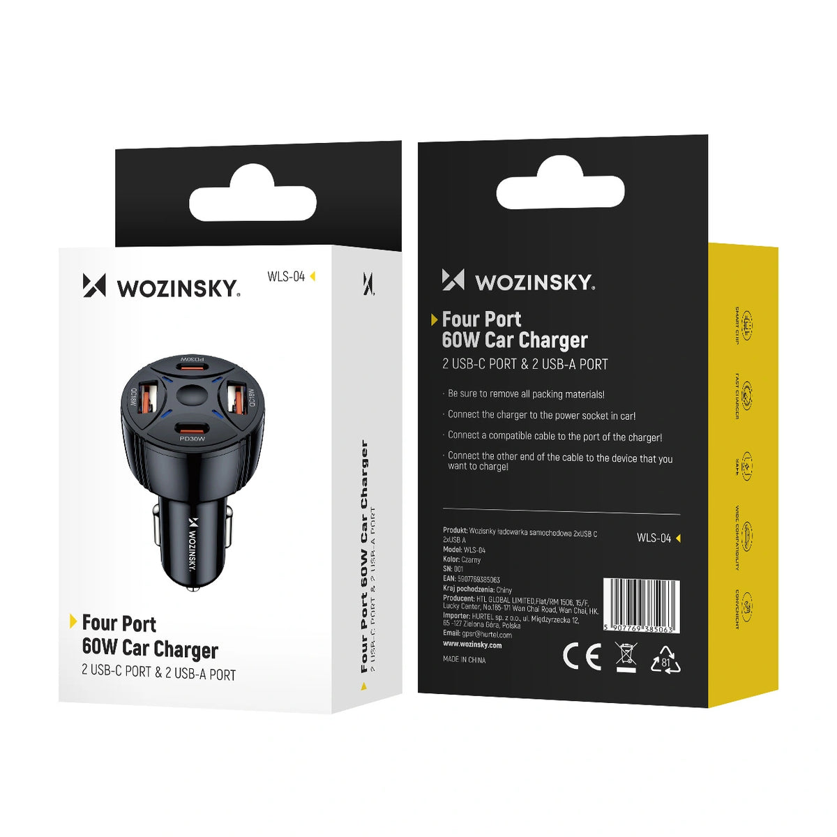 Ładowarka samochodowa Wozinsky WLS-04 60W 2xUSB-C 2xUSB-A - czarna – zdjęcie 4