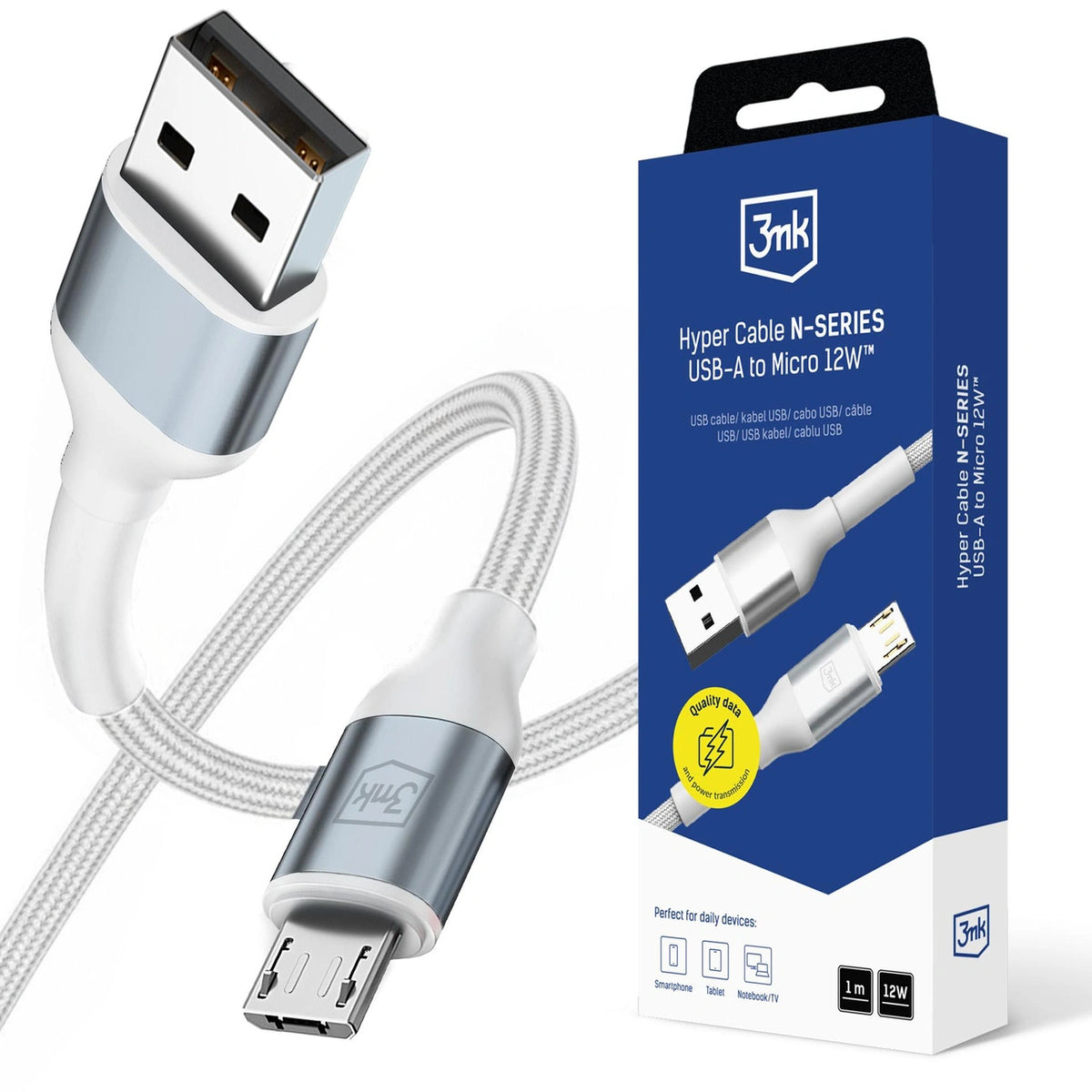 Kabel 3mk Hyper Cable N-SERIES USB-A / MicroUSB 1m 5V/2.4A 12W / biały