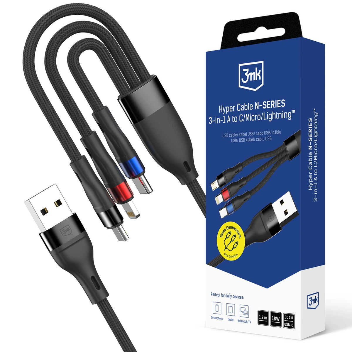 Kabel 3mk Hyper Cable N-SERIES 3 in 1 USB-A / Lightning / Micro - czarny