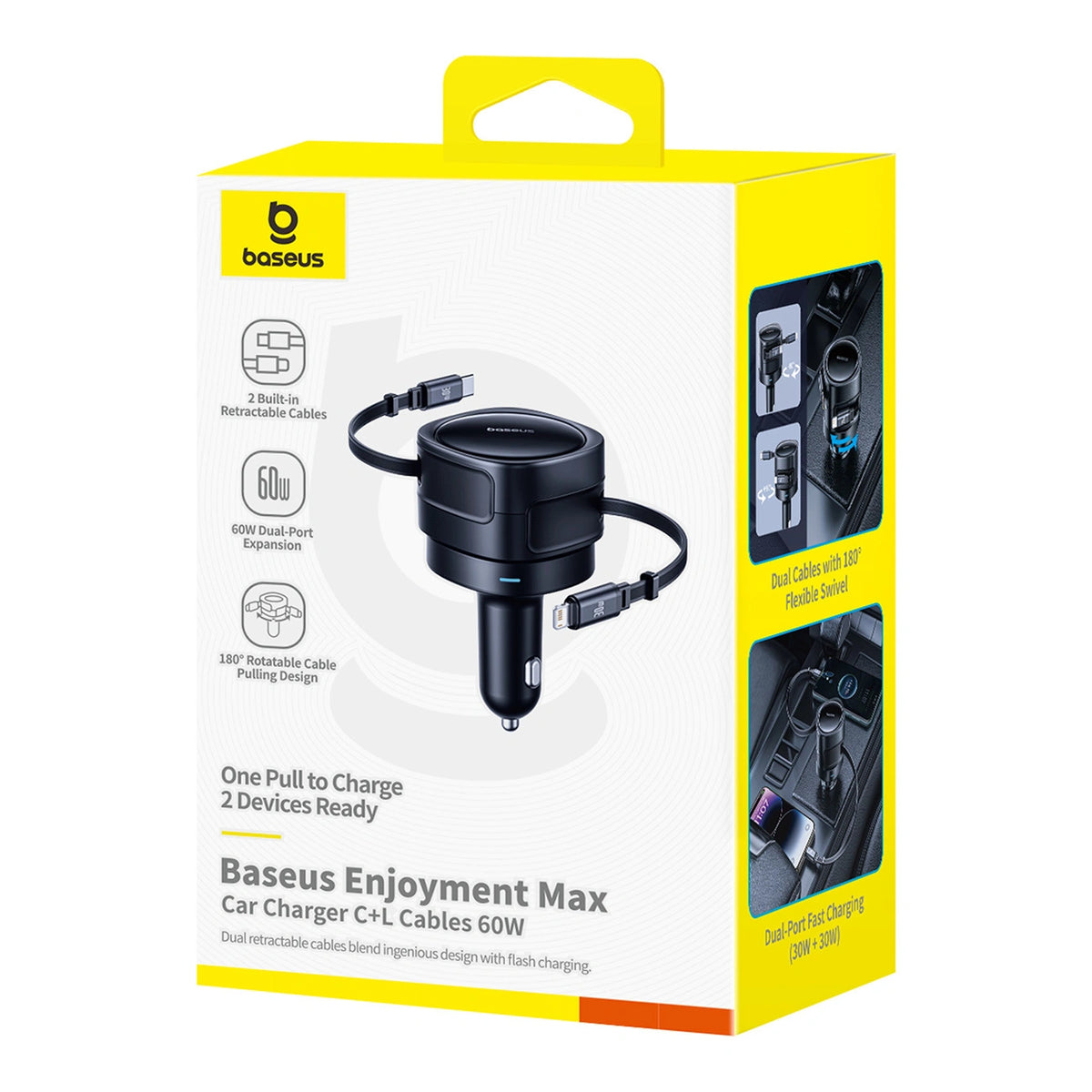 Ładowarka samochodowa Baseus Enjoyment Max 60W ze zwijanymi - czarna – zdjęcie 4