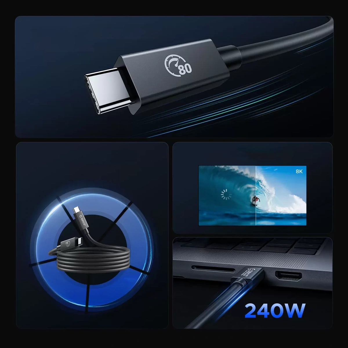 Kabel Orico USB4 kompatybilny z Thunderbolt 5 80Gbps do USB-C 2m - czarny – zdjęcie 7