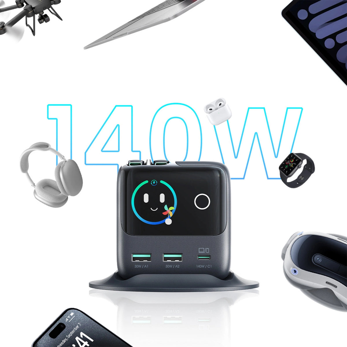 Ładowarka biurkowa Joyroom Podix JR-TRD01 GaN 140W z 5 portami i - szara – zdjęcie 7