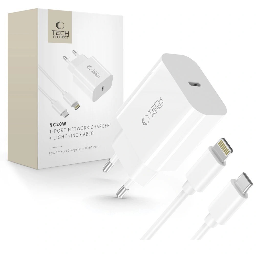 Ładowarka sieciowa Tech-Protect NC20W z kablem USB-C / Lighting - biała