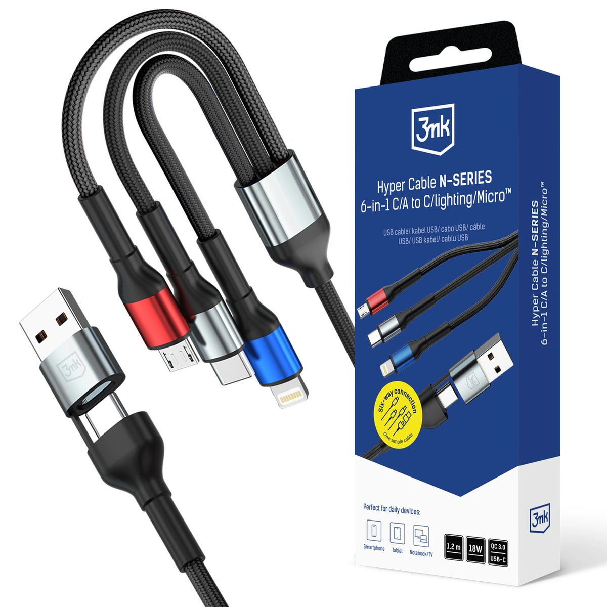 Kabel 3mk Hyper Cable N-SERIES 6 in 1 USB-C / USB-A to USB-C - czarny