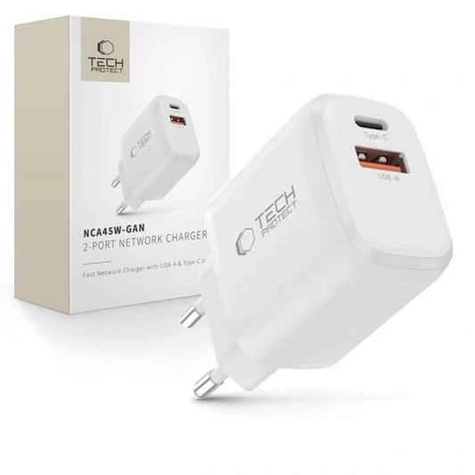 Ładowarka sieciowa Tech-Protect NCA45W-GAN 2-Porty USB-C / USB-A - biała