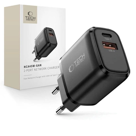 Ładowarka sieciowa Tech-Protect NCA45W-GAN 2-Porty USB-C / USB-A - czarna
