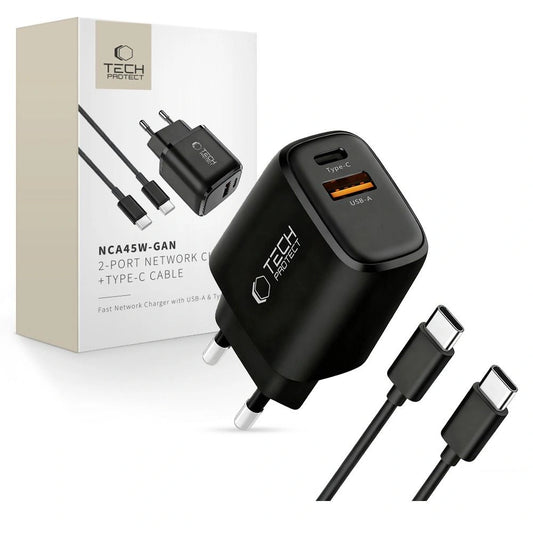 Ładowarka sieciowa Tech-Protect NCA45W-GAN 2-Porty 45W z kablem - czarna
