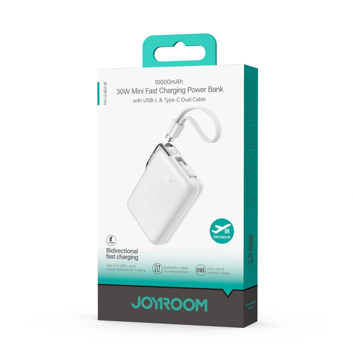 Powerbank Joyroom JR-PBF27 Pro 10000mAh 30W z wbudowanym kablem - biały – zdjęcie 2