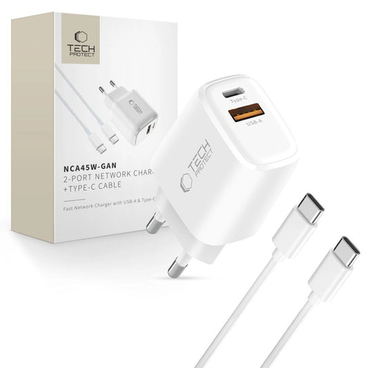 Ładowarka sieciowa Tech-Protect NCA45W-GAN 2-Porty 45W z kablem - biała