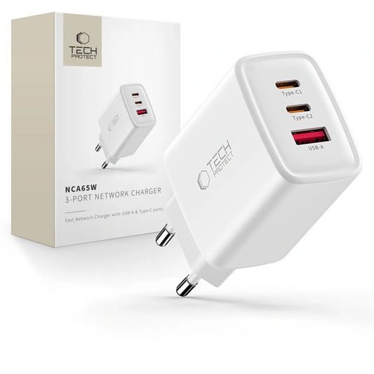 Ładowarka sieciowa Tech-Protect NCA65W-GAN 3-Porty 65W - biała