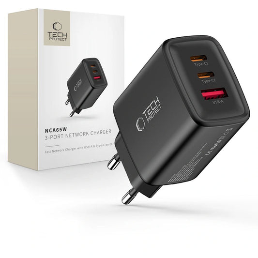 Ładowarka sieciowa Tech-Protect NCA65W-GAN 3-Porty 65W - czarna