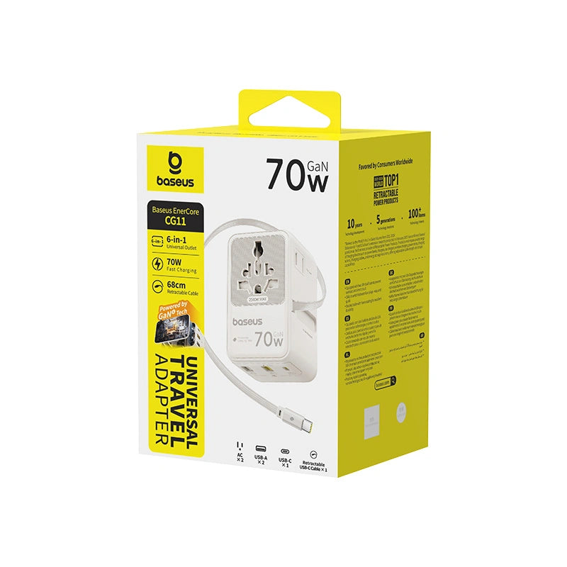 Adapter podróżny Baseus EnerCore CG11 70W 6w1 ze zwijanym kablem - biały